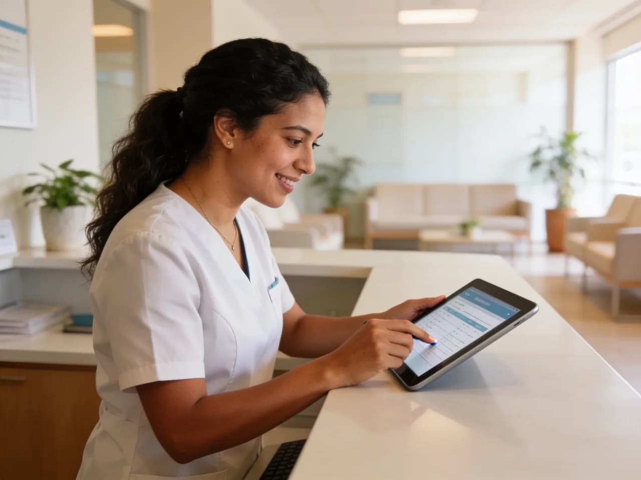 Recepcionista de una clínica agendando citas en una tablet frente a la sala de espera