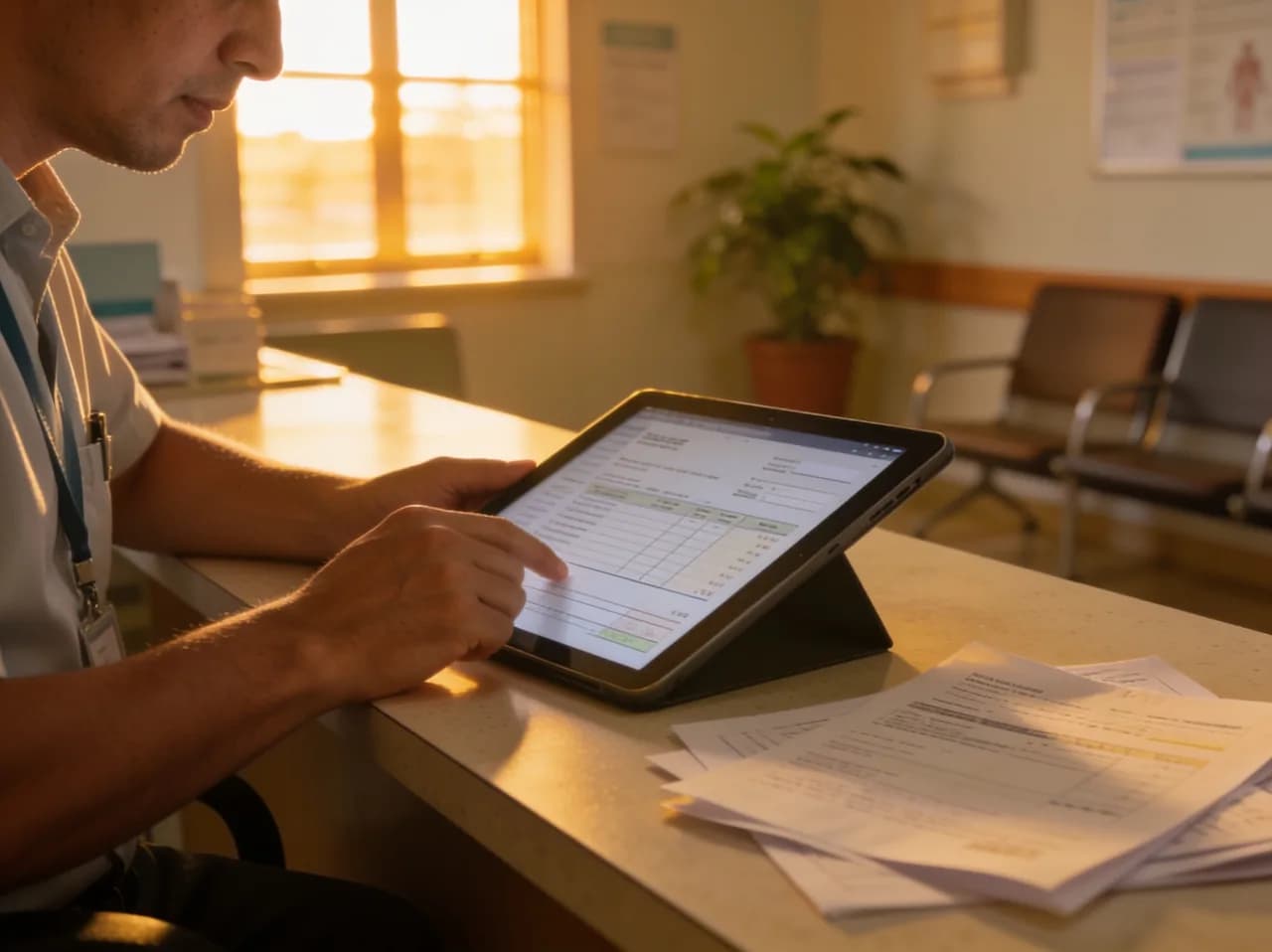 Administradora de la clínica revisando cobros y facturas en una tablet en la recepción al final del día