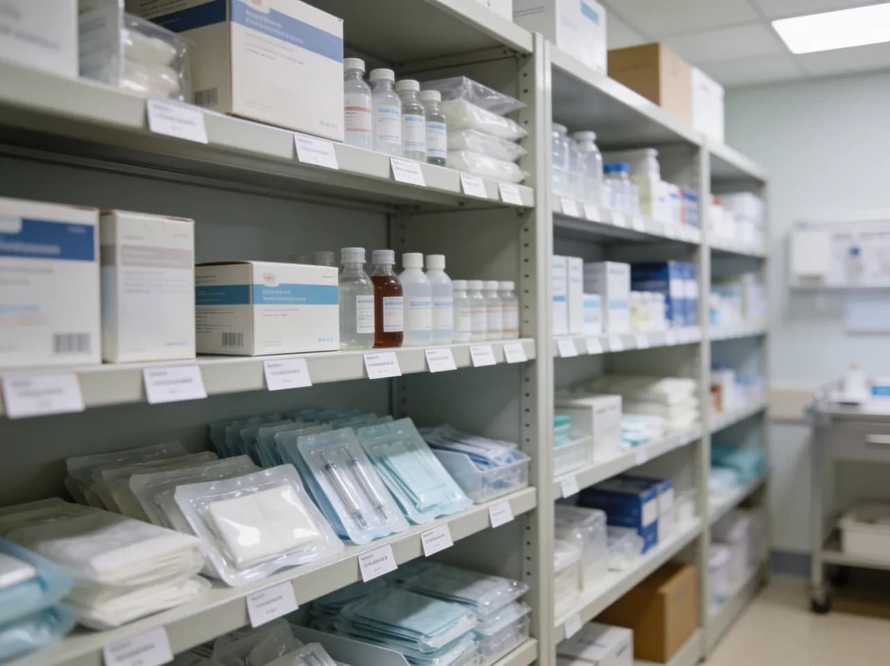 Estante ordenado de insumos y medicamentos médicos con etiquetas en el almacén de la clínica