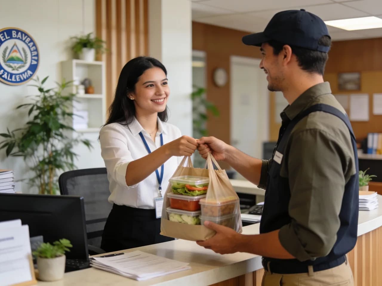 Repartidor del comedor entregando almuerzos empacados en la recepción de una oficina