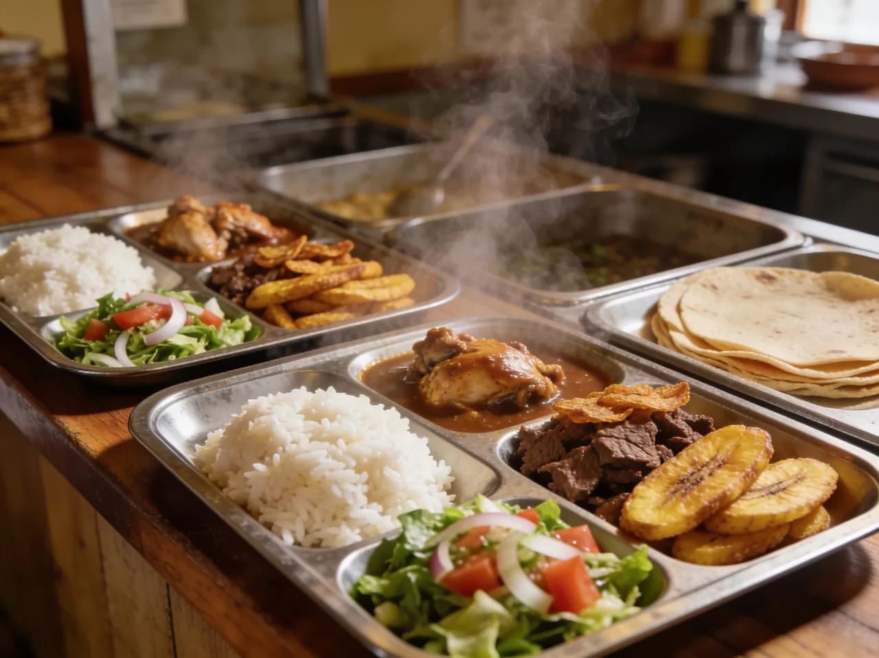 Bandejas de comida casera del menú del día servidas en el mostrador del comedor