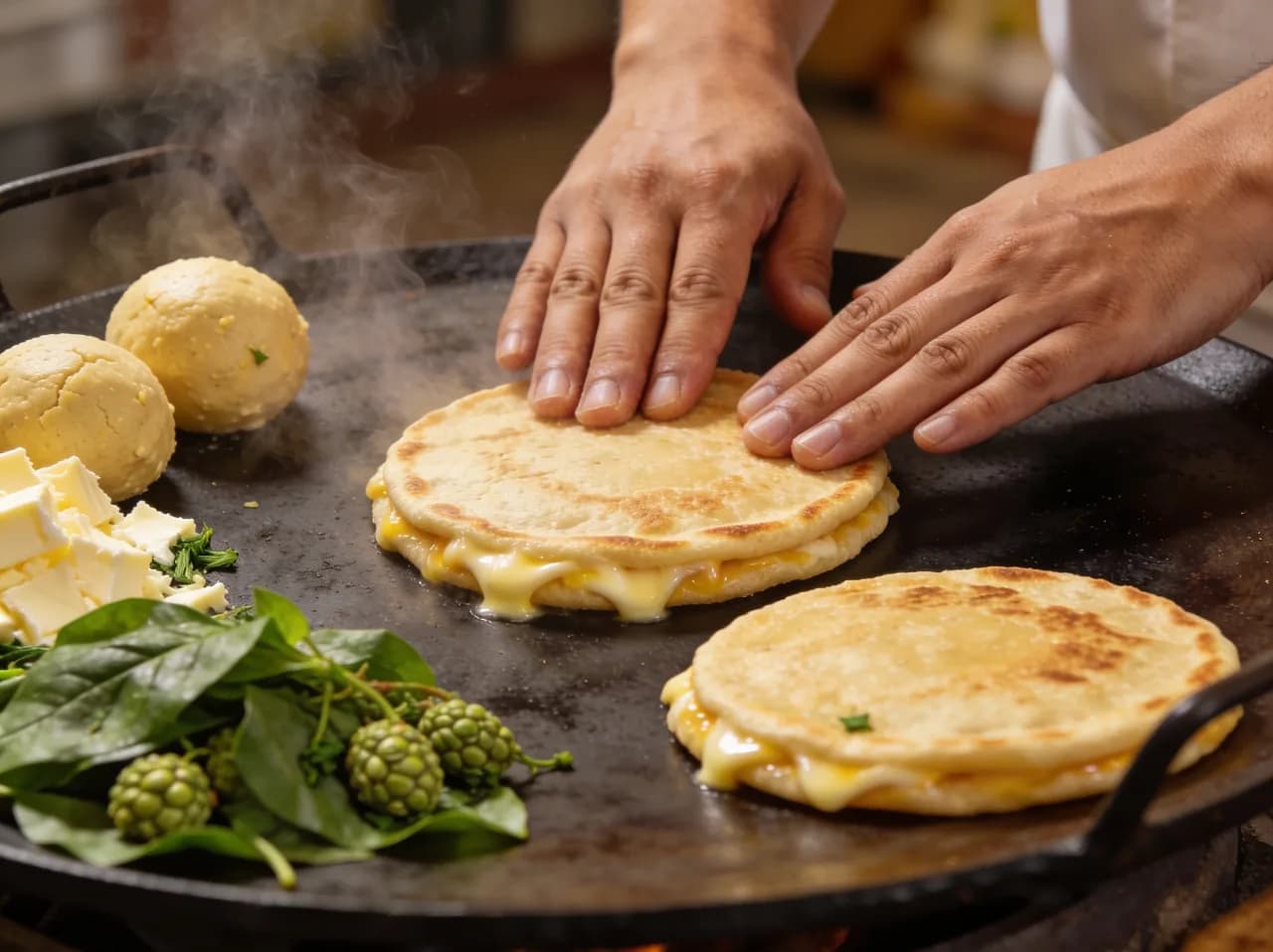 Manos torteando pupusas sobre el comal, con la masa y el queso listos al lado