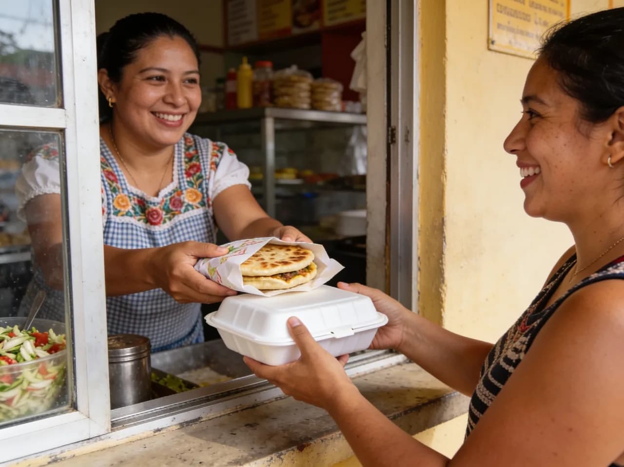 Dueña entregando una orden de pupusas para llevar a una clienta en la ventanilla del local