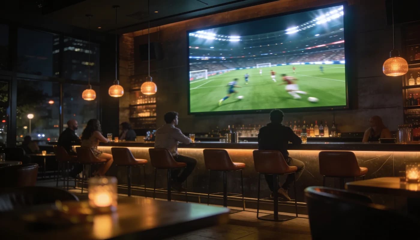 Transmisión de un partido en vivo en la pantalla del bar