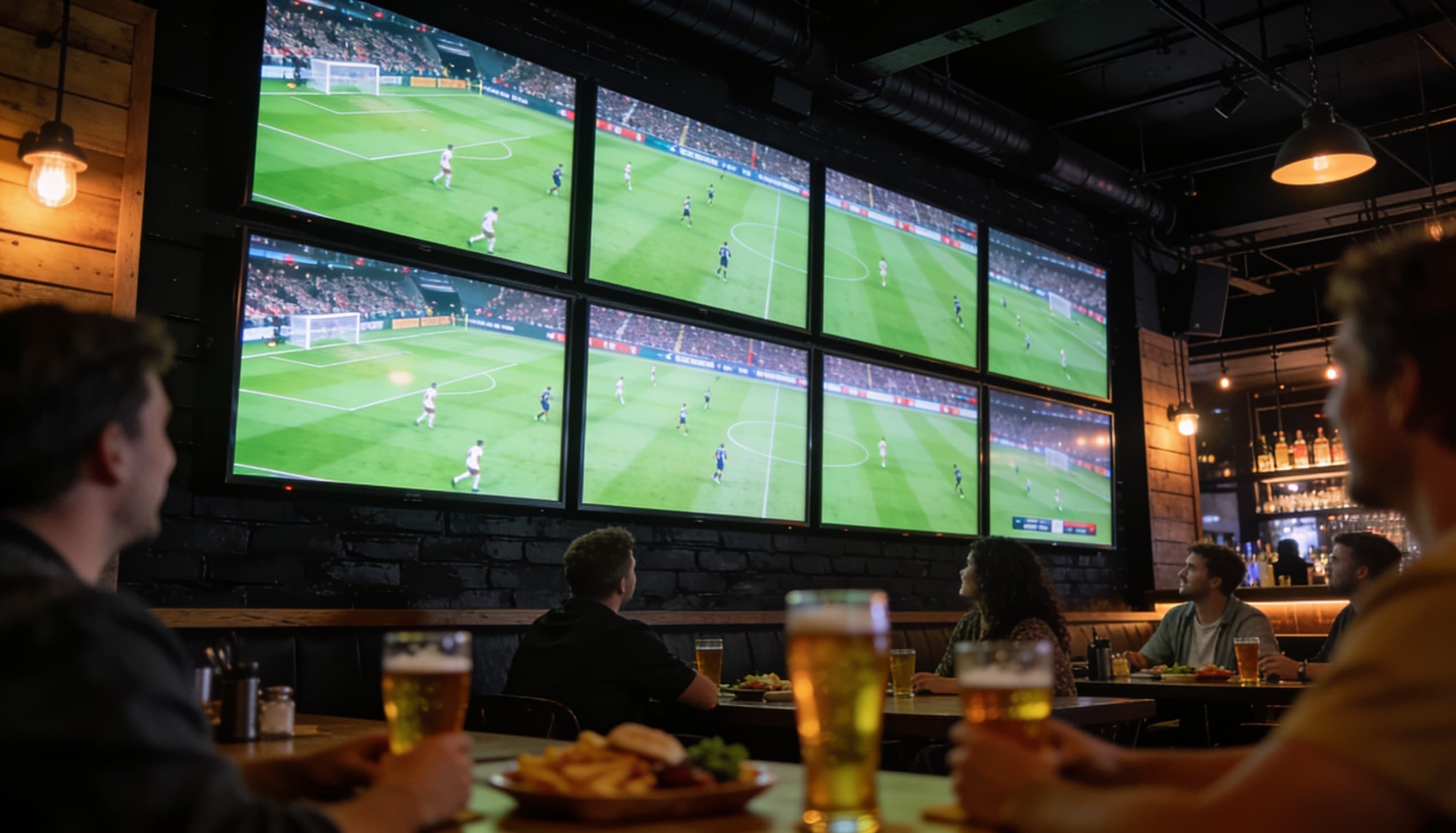 Bar deportivo con una pared de televisores mostrando el partido en vivo