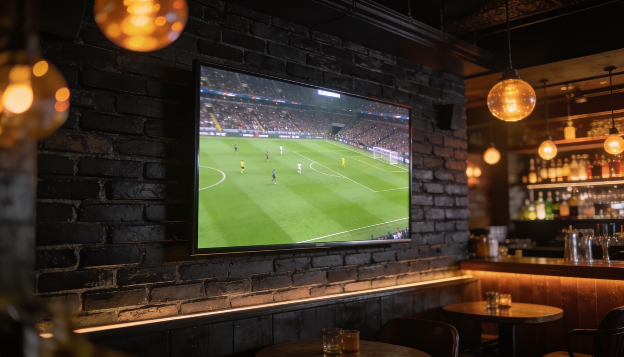 Televisor en un bar mostrando el partido con la cintilla de la casa sobrepuesta
